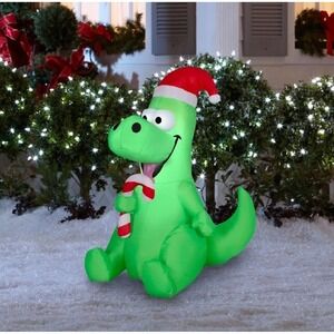 Christmas Dinosaur With Candy Cane Santa Hat Airblown Inflatable 3.5ft Holiday